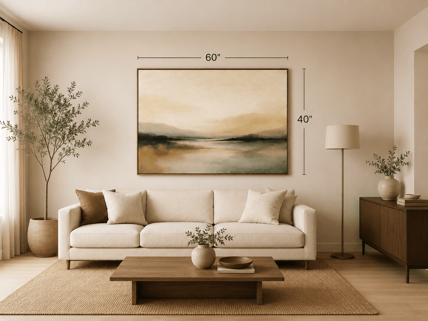 Framed landscape artwork shown at true 60 by 40 inch scale on a living-room wall