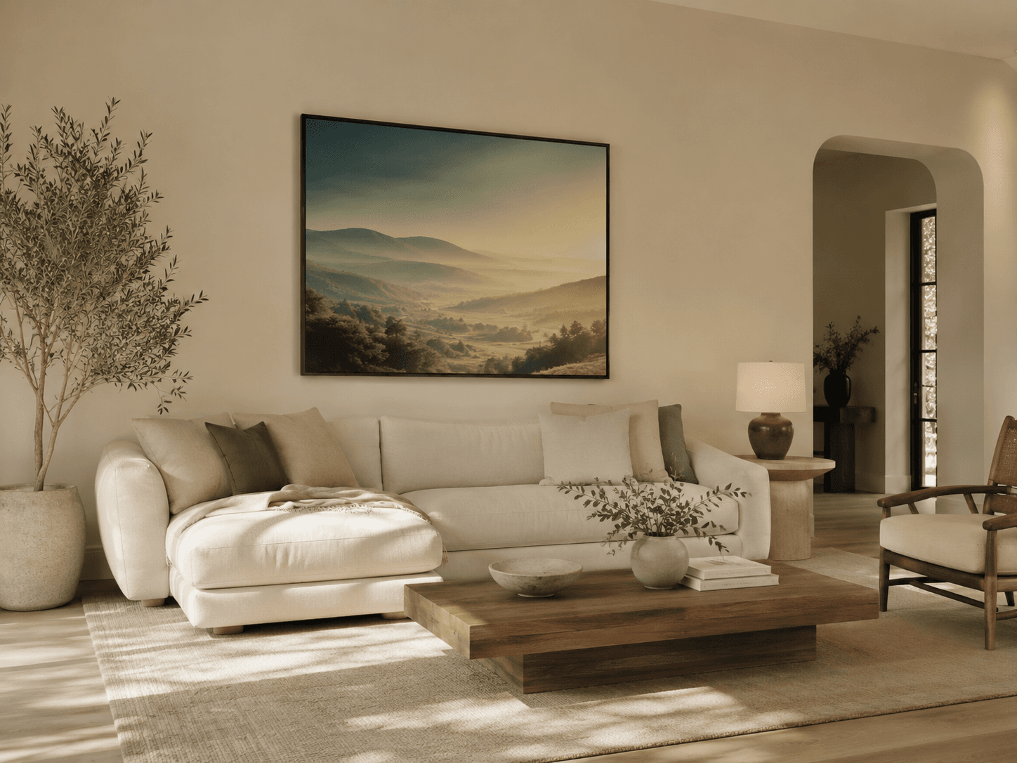 Landscape artwork shown at the perfect scale on the living-room wall