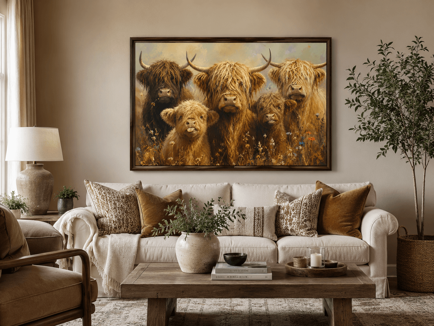 Living room with the Highland cows and abstract horses framed on the wall