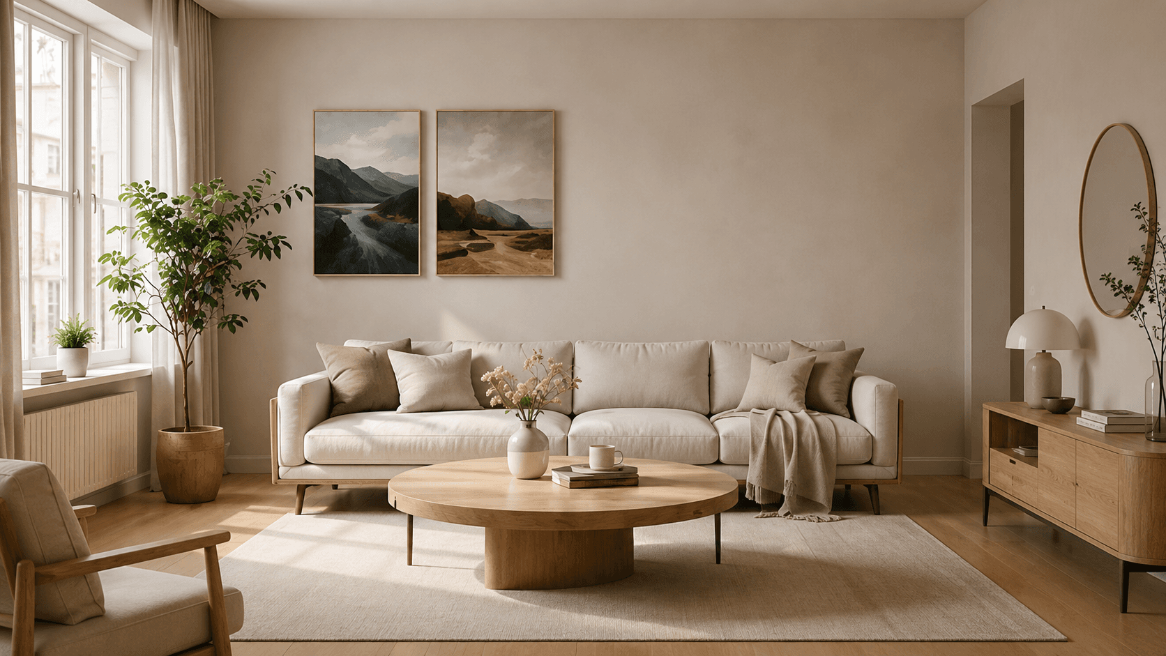 A calm living room styled with two framed mountain artworks via FitMyWall Studio